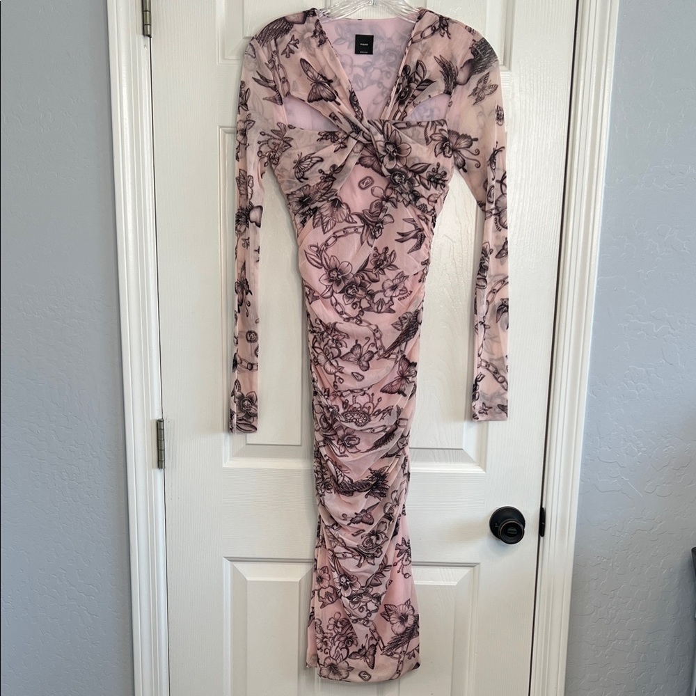 PINKO Slim Fit Tattoo Print Midi Dress ruched mesh long sleeve pink black small - Picture 4 of 13